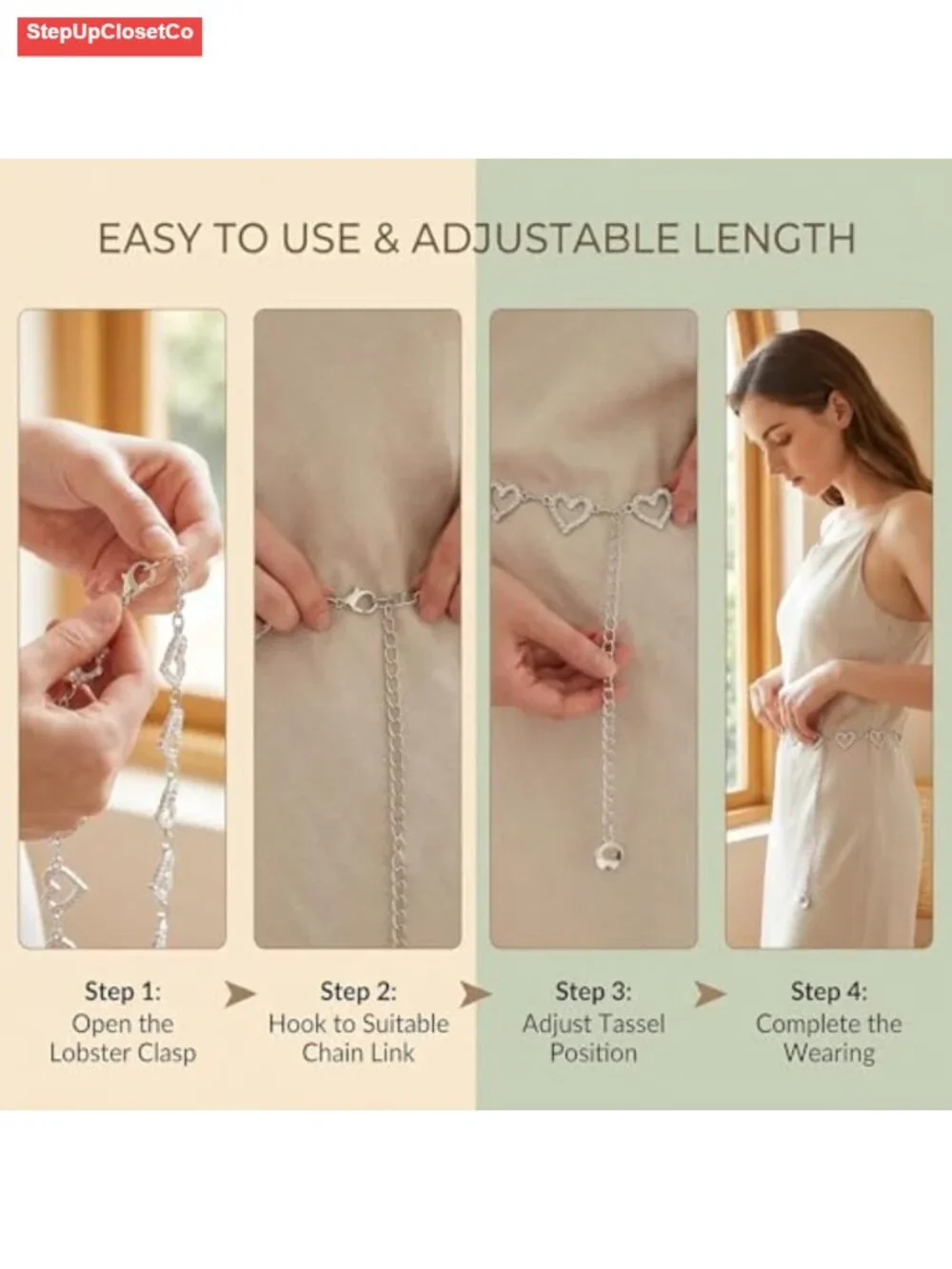 Heart Rhinestone Waist Chain Belt for Women - Adjustable Bling Y2K Belt